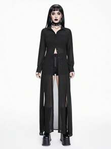 ROMWE Professional Gothic Style Women's See-Through Shirt Dress With Thigh-High Slit - Black - View 6