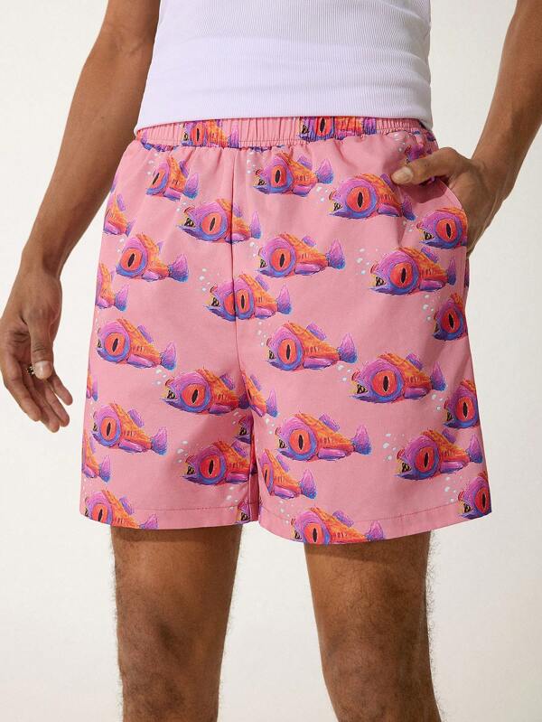 GAWX Short décontracté de mode pour hommes, style artiste, imprimé de poissons de bande dessinée avec poches. Idéal pour les vacances, le Nouvel An, les vacances et les festivals.