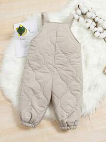 SHEIN 新生男童/女童复古菱格绗缝加厚保暖面料可调节肩带连体裤，米色，百搭休闲套装适合室内和室外，韩式/日系风格 - 杏色 - 查看 5