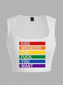 Slaydiva LGBT驕傲彩虹紋理休閒簡約方領女士背心，適用於夏季