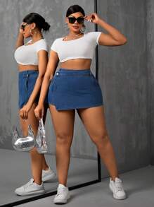 Slaydiva Plus Size Women's Denim Asymmetrical Skort, Comfortable And Casual - Blue - View 4