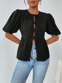 SHEIN Essnce Shein Essnce Women's Summer T-Shirt Girlhood Aesthetic Tie Front Black Polka Dot Tie Front Puff Sleeve T-Shirt, Summer