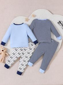4pcs Baby Boy Panda Stripe Print Long Sleeve Casual Two-Piece Pajama Set Snug Fit - Blue - View 2