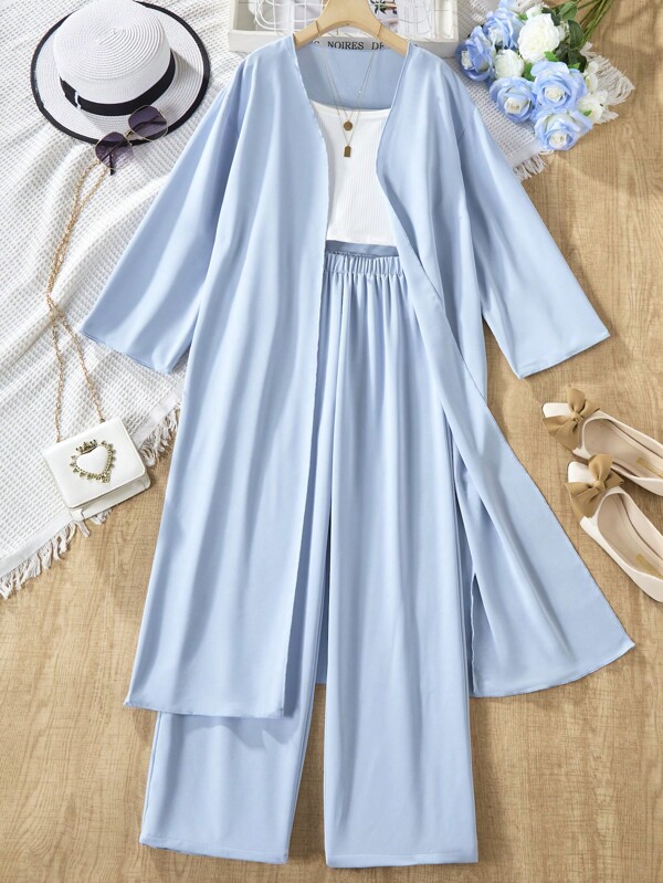 Ensemble trois-pièces casual pour fille préadolescente pour le printemps et l'automne : robe longue à l'avant ouvert, top cami intérieur et pantalon