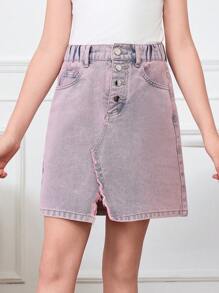 女孩休閒灰紫色重水洗牛仔開叉裙 - 粉色 - 查看 3