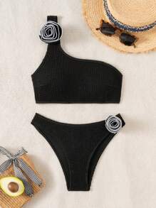 Swim Vcay Women's Summer Beach Solid Color 3D Flower Decor One Shoulder Sexy Bikini Set - Black - View 1