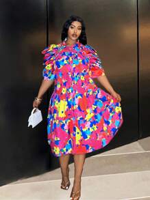 Slaydiva Colorful Casual Plus Size Printed Loose Puff Sleeve A-Line Dress For Women