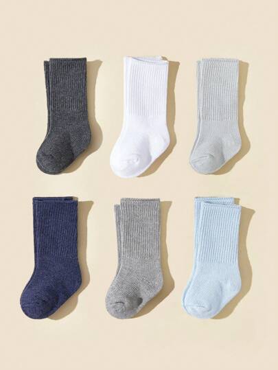 6pairs Baby Mid-Calf Socks Basic Colors For Boys, Indoor And Outdoor All Seasons