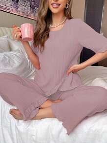 Patchwork Hollow Out Embroidered Texture Casual Pajama Set - Dusty Pink - View 1