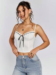 PARTHEA Lace Spliced Tie Front Boning Crop Top - White - View 1