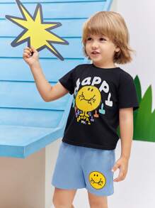 Mr Men Little Miss X SHEIN Young Boy  Cartoon Emoticon English Round Neck T-Shirt And Shorts Set, Summer - Black - View 7
