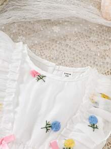 SHEIN Baby Girl Summer Contrast Mesh Floral Bodysuit With Ruffle Trim - White - View 3