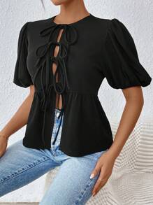 SHEIN Essnce Shein Essnce Women's Summer T-Shirt Girlhood Aesthetic Tie Front Black Polka Dot Tie Front Puff Sleeve T-Shirt, Summer