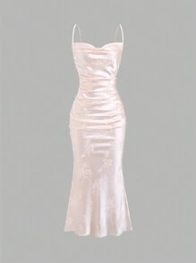 Sweetra 女士花卉印花垂坠领摆下摆优雅吊带连衣裙，夏季长款缎面女装