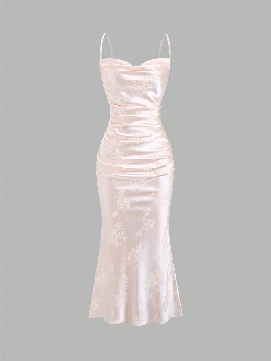 Sweetra 女士花卉印花垂坠领摆下摆优雅吊带连衣裙，夏季长款缎面女装