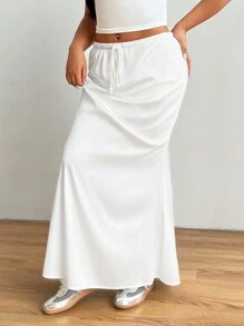 SHEIN EZwear Plus Size Solid Color Casual Knot Front Skirt, Summer - White - View 7