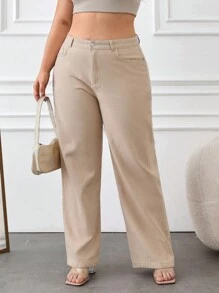 EURMUSE Plus High Waist Straight Fit Jeans - Beige - View 6