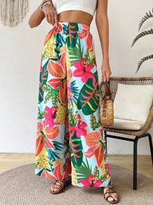 SHEIN VCAY Calças Casuais de Perna Larga em Estilo de Férias com Estampa de Planta Tropical para Mulheres - Multicolorido - Visão 5