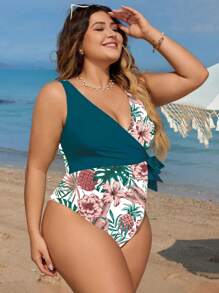 SHEIN Swim Curve Đồ bơi một mảnh in hình nhiệt đới cỡ lớn dành cho kỳ nghỉ ở bãi biển, mùa hè - Nhiều màu - Xem 4