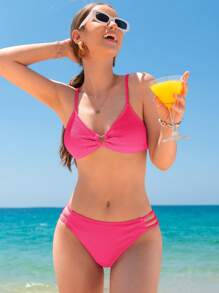 SHEIN Teen Girl Heart Ring Knitted Texture Cami Bikini Set With Triangle Bottom, Casual Bikini Set - Hot Pink - View 1