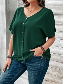 EMERY ROSE Plus Size Women's Orange Button Embellished Short Sleeve Blouse For Spring