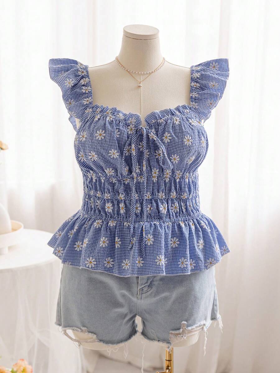 Soleia Vacation/Leisure Wear Plus Size Shirt With Gathered Waist And Flutter Sleeve - Blue - View 1