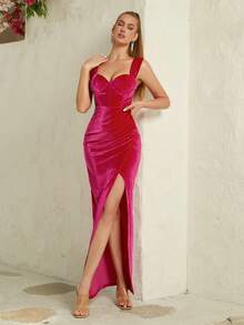ADYCE Heart Neckline High-Waisted Bodycon Dress With High Side Slit And Pleats - Hot Pink - View 6