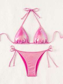 Swim Mod Women's Solid Color Metal Texture Halter Neck Bikini Set For Summer Beach - Hot Pink - View 5