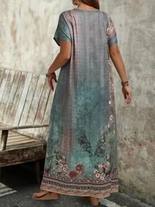 EMERY ROSE Plus Size Women's Summer Green Printed Long Dress,Vacation/Spring - Green - View 2