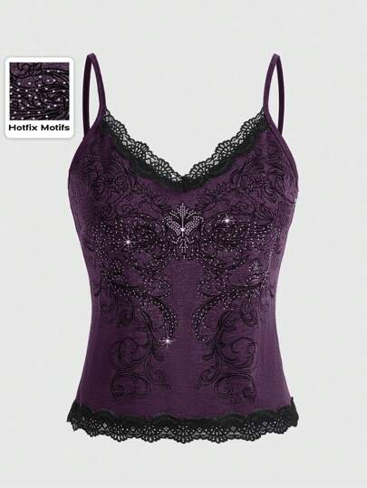 Fairycore Women's Summer Rhinestone Floral Printed Lace Spliced Camisole Cami Top