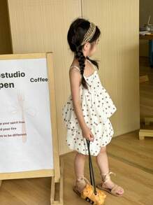 SHEIN Girls' Summer Holiday  Cute Polka Dot Printed Tank Top & Ruffled Lantern Pants Two-Piece Set - Coffee Brown - View 4