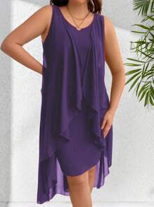 SHEIN Clasi Plus Size Women's Simple Everyday Sleeveless Mesh Dress - Purple - View 3