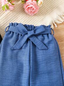 SHEIN Vintaside Kids 年輕女孩實色花苞腰寬鬆休閒寬腿長褲 - 彩色 - 查看 3