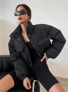 DAZY Women's Stand Collar Short Padded Coat With Pockets, Winter ,Winter Women Clothes,Winter Coat Women Jacket - Black - View 8