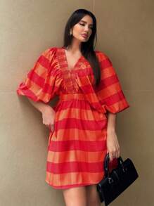 SHEIN Essnce Women's Red Orange Plaid Short Dress, Women's Plaid Dress Hawaiian Dress Summer Women Dresses - Multicolor - View 4