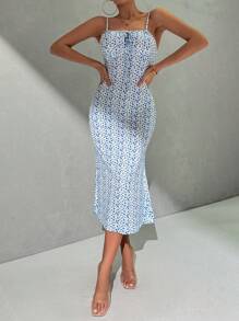 SHEIN Privé Vestido hawaiano para vacaciones de mujer con estampado, con corsé, tirantes fruncidos y corte ajustado al Body - Multicolor - Ver 4