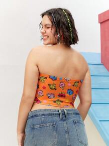Mr Men Little Miss X SHEIN Plus Size Summer Fashion Casual Cartoon Star Print Orange Knit Slim Fit Bandeau Top