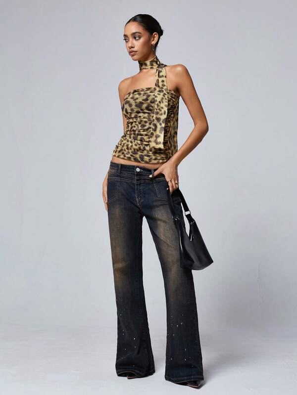 Aveloria Affinna Sexy Leopard Animal Printed Chiffon Strapless Slim Fit Top For Women 