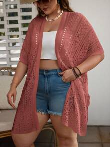 SHEIN VCAY 大尺碼夏日假期休閒空心針織蝙蝠袖開衫，純色