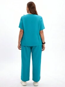 TaskEZ Plus Size Women Mint Blue Nurse Uniform Set, Including 1 Pocket V-Neck Scrubs Nurse Top And 4 Pocket Elastic Waist Scrub Pants With Drawstring Bac,Nurse Uniform Two Pieces Set - Green - View 3