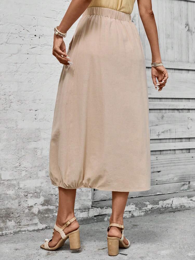 Solid Color Linen Skirt With Pocket, Summer Casual Wear
