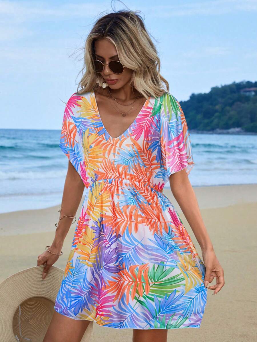 Swim Lushoire 女士随机印花休闲短袖罩衫 夏季 - 彩色 - 查看 1