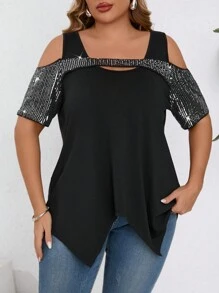 SHEIN Clasi Plus Size Country Concert Elegant Asymmetrical Hem Women's T-Shirt For Summer Parties And Gatherings - Black - View 6