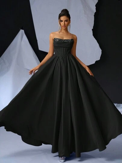 Glamrae Vestido de noche elegante, noble, hermoso y sexy con detalles de cuentas, satén y encaje fruncido en corte A con cola, vestido formal negro para graduación, cena, fiesta y Día de San Valentín