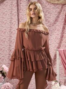 COSMINA Women's Summer Boho Style Reddish Brown Loose Flowy Sleeves Elastic Waist Peplum Off-Shoulder Top - Redwood - View 9