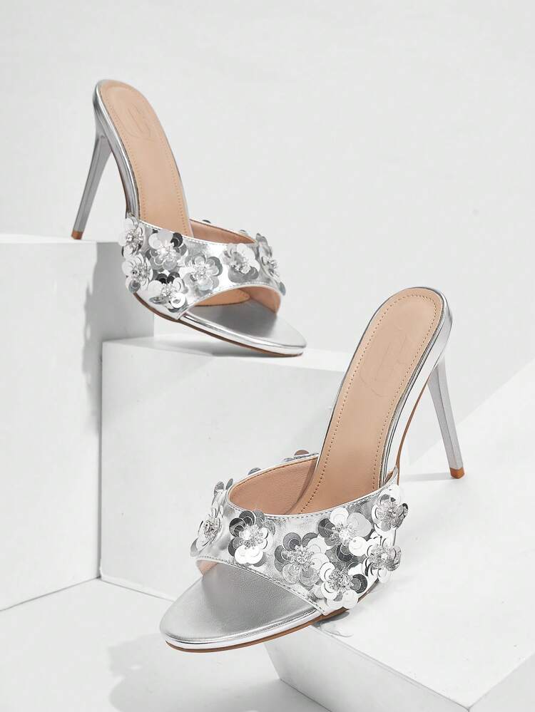 CUCCOO SZL Round-Toe Stiletto Heels, Fashionable European & American Style, Sequined Flower Accent Women's High-Heeled SandalsSexy Party Baddie Chic Gorgeous Style
