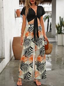 Breezaya Summer Vacation Solid Color Bandeau Cropped Top + Botanical Print Long Pants Two-Piece Set