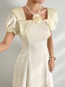 Modelyn Women's Puff Sleeve Party Dress With 3D Flower Design - Apricot - View 5