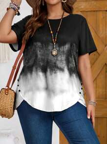 EMERY ROSE Plus Size Women's Short Sleeve Black And White Ombre Printed T-Shirt, Summer