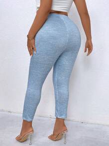 SHEIN LUNE Plus Size Solid Color Ribbed Skinny Tights - Blue - View 2